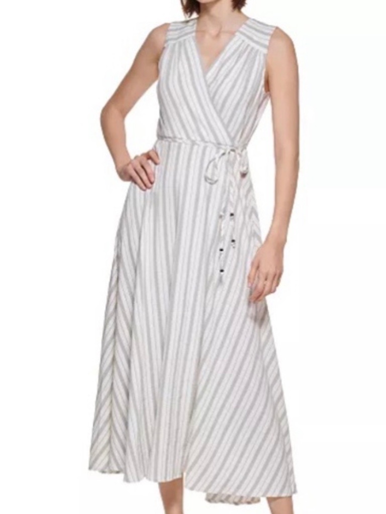 Calvin Klein White And Gray Striped Faux Wrap Dress